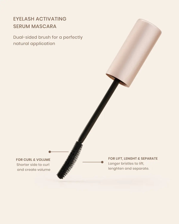 Lenoites Eyelash Activating Serum Mascara Black with dual-sided brush for curl, lift, length, and volume.