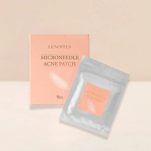 Microneedle Acne Patches by Lenoites, featuring a peach-colored box and a silver pouch containing the patches, displayed against a soft beige background.