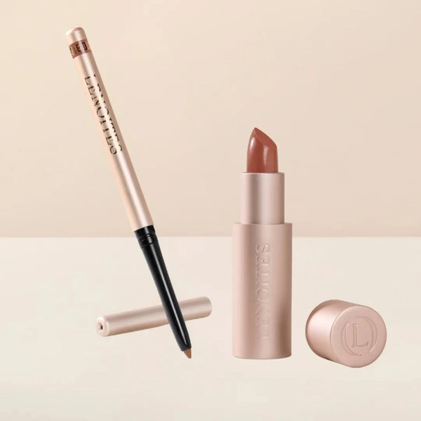 Sculpt and Hydrate Lip Duo by Lenoites featuring a Tinted Lip Balm in color amberlight, a Shape & Sculpt Lip Liner in color bare, elegantly arranged on a light beige background.