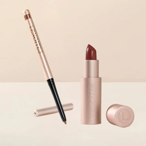 Sculpt and Hydrate Lip Duo by Lenoites featuring a Tinted Lip Balm in color midnight, a Shape & Sculpt Lip Liner in color bare, elegantly arranged on a light beige background.