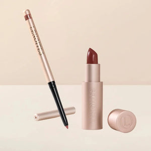 Sculpt and Hydrate Lip Duo by Lenoites featuring a Tinted Lip Balm in color midnight, a Shape & Sculpt Lip Liner in color blush, elegantly arranged on a light beige background.