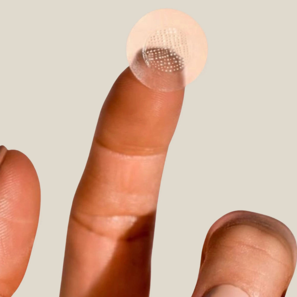 Microneedle Acne Patch by Lenoites, featuring a peach-colored box and a close-up of the acne patch with microneedles, displayed against a soft beige background.