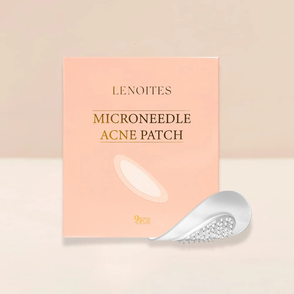 Microneedle Acne Patch by Lenoites, featuring a peach-colored box and a close-up of the acne patch with microneedles, displayed against a soft beige background.