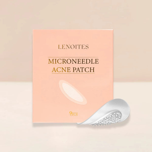 Microneedle Acne Patch by Lenoites, featuring a peach-colored box and a close-up of the acne patch with microneedles, displayed against a soft beige background.