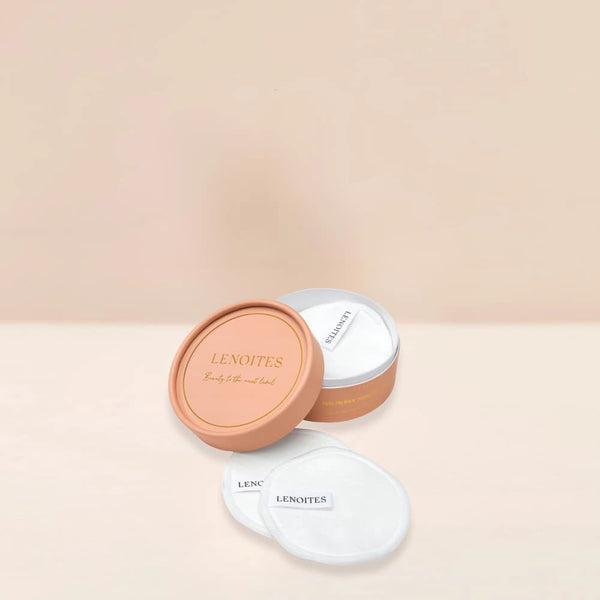 Pure Premium Organic Reusable Rounds Refill by Lenoites, featuring a peach-colored container with the brand logo, displayed against a beige background.