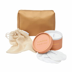 Organic Reusable Rounds Set by Lenoites, featuring a tan cosmetic pouch, a peach-colored container with the brand logo, a mesh pouch, and several reusable cotton rounds, displayed against a white background.