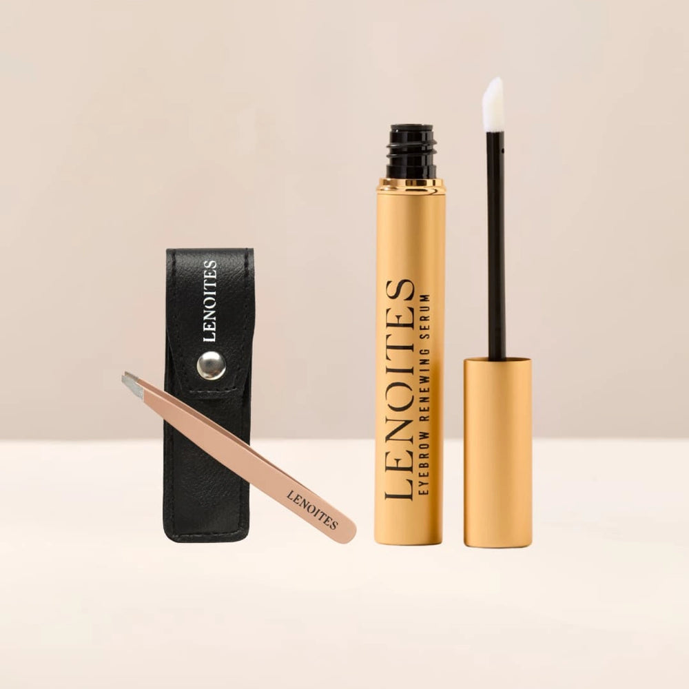 Sculpt and Grow Kit by Lenoites featuring a gold Eyebrow Growth Serum with a black applicator, a pink tweezers with a leather case, all displayed against a soft beige background.