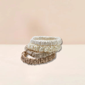 Mulberry Silk Skinny Scrunchies in white, golden sand, beige, brown